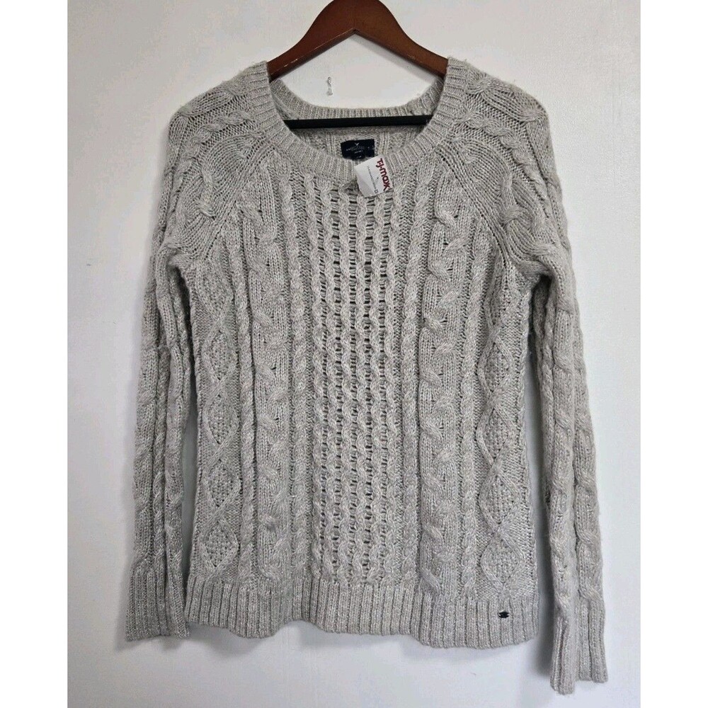 American Eagle Sweater Womens S Y2K Grey V‎ Neck Cableknit Metallic Acrylic NWOT